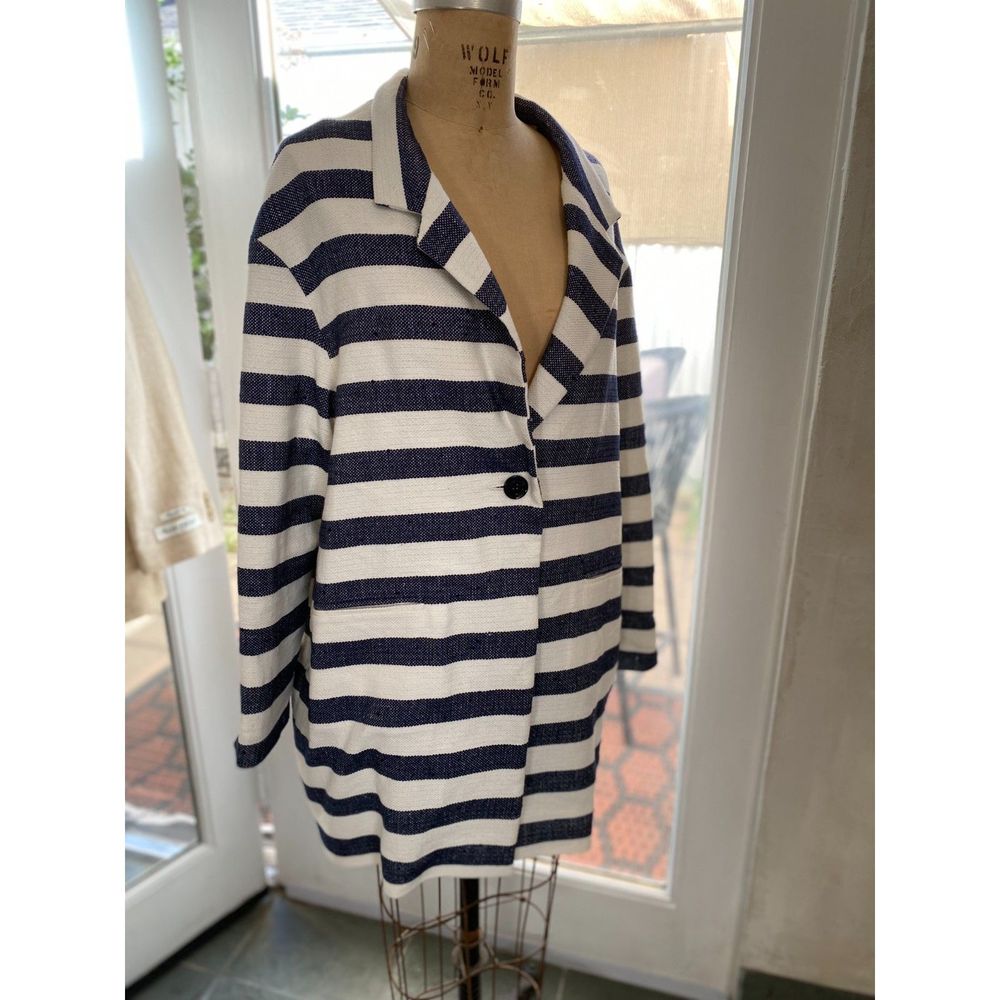 Sessún Love Cruise Navy & White Stripe Oversize Jacket Size M Cotton Linen Blend